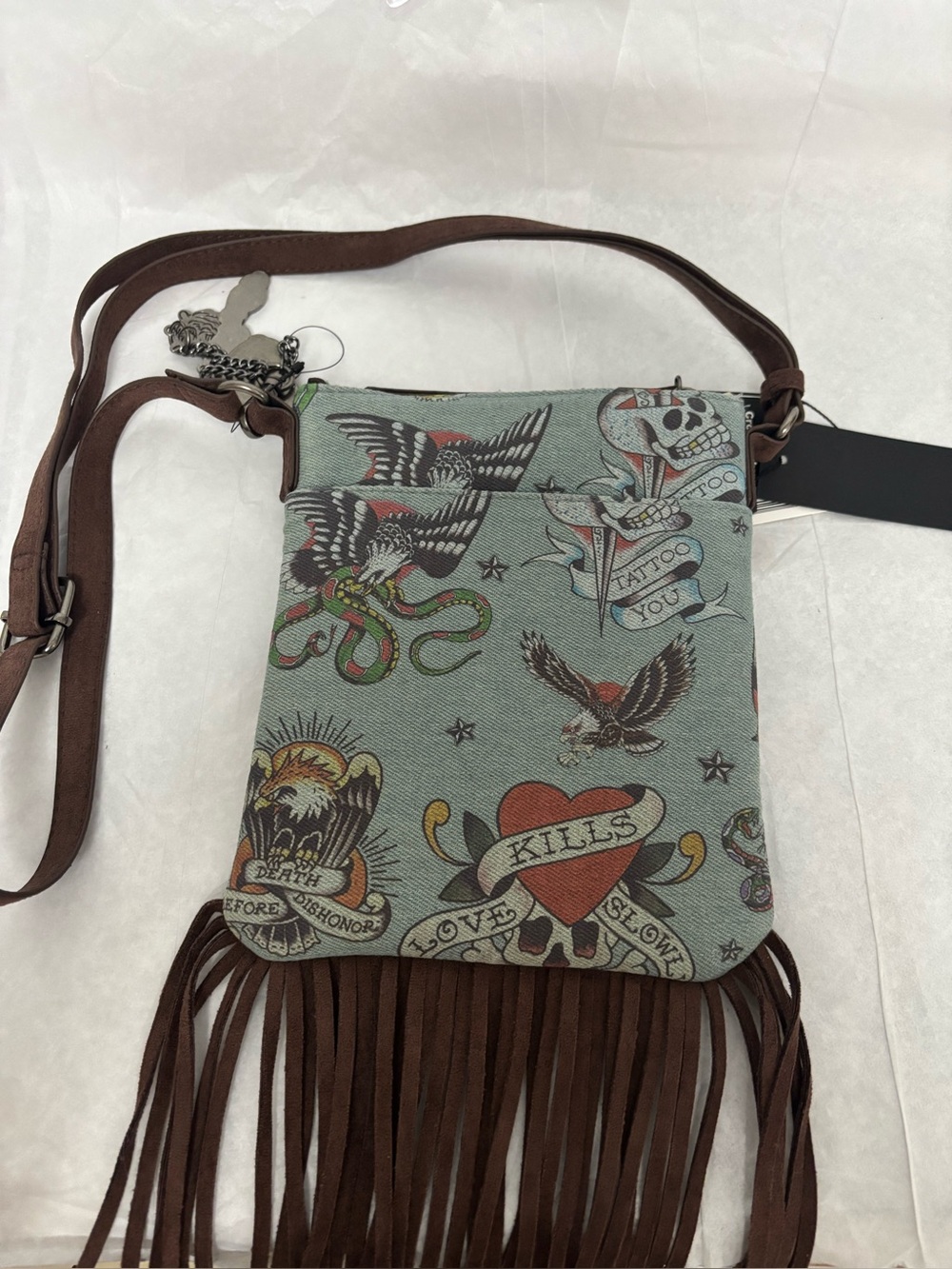 Fringe Ed Hardy  Crossbody Bag with Brown Suede Accents and Blue Graphic Panel